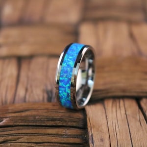 Tungsten Blue Green Opal Ring Inlaid Tungsten Carbide Polished Finished image 1