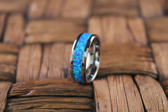 Tungsten Blue Green Opal Ring Inlaid Tungsten Carbide Polished Finished