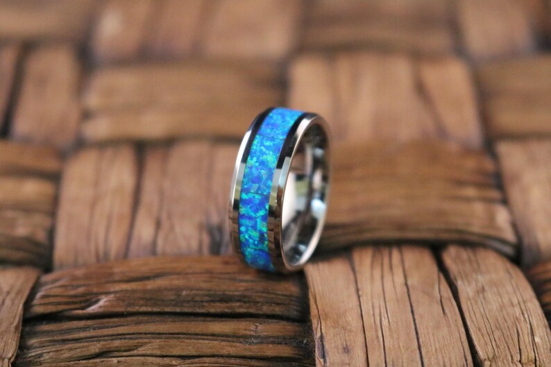 Tungsten Blue Green Opal Ring Inlaid Tungsten Carbide Polished Finished image 1