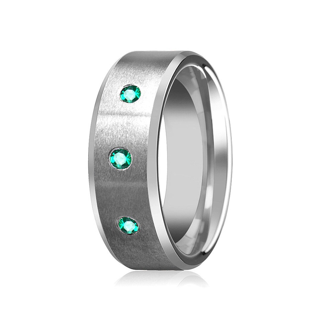 Green Emerald Wedding Ring Tungsten Ring Silver Tungsten Beveled Edges ...