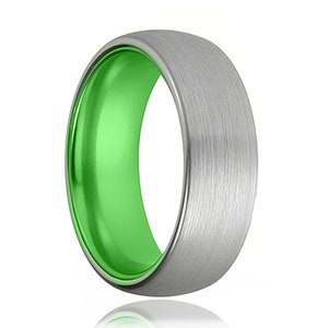 Tungsten Ring Green Wedding Band Silver Tungsten Brushed Acid Green Mans Tungsten Ring image 3