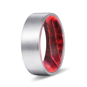 Tungsten Wood Rings | Black Red Box Elder Wood Wedding Band, Wood Engagement, Anniversary Ring, Silver Brushed Flat Tungsten Carbide