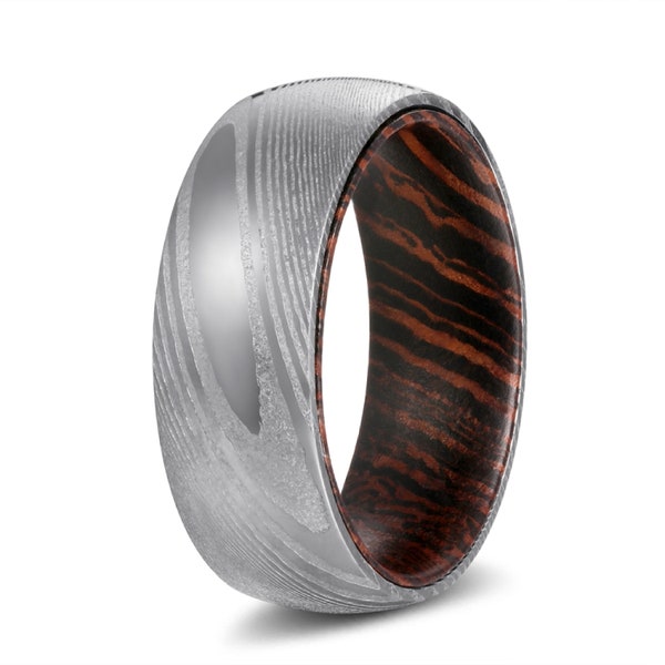 Damascus Steel Wood Rings | Wenge Wood Wedding Band, Wood Engagement, Anniversary Ring, Silver Domed Brushed Comfort Fit Promise Ring