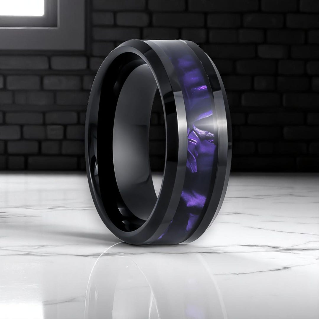 8mmブラックタングステンリング、パープルオパールインレイ付き