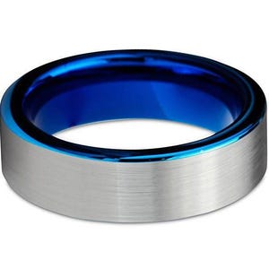 Blue Tungsten Wedding Ring Comfort Fit Pipe Cut Brushed Tungsten Carbide image 4