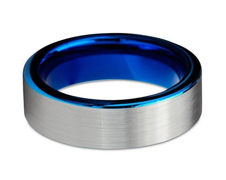 Blue Tungsten Wedding Ring Comfort Fit Pipe Cut Brushed Tungsten Carbide image 4