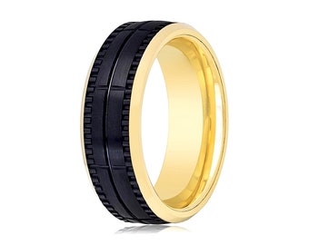 Black Tungsten,Yellow Tungsten Ring,Mens Wedding Band, Engagement Band, Tungsten Band,Promise Ring, Anniversary Band,Brushed & Grooved