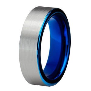Blue Tungsten Wedding Ring Comfort Fit Pipe Cut Brushed Tungsten Carbide image 3