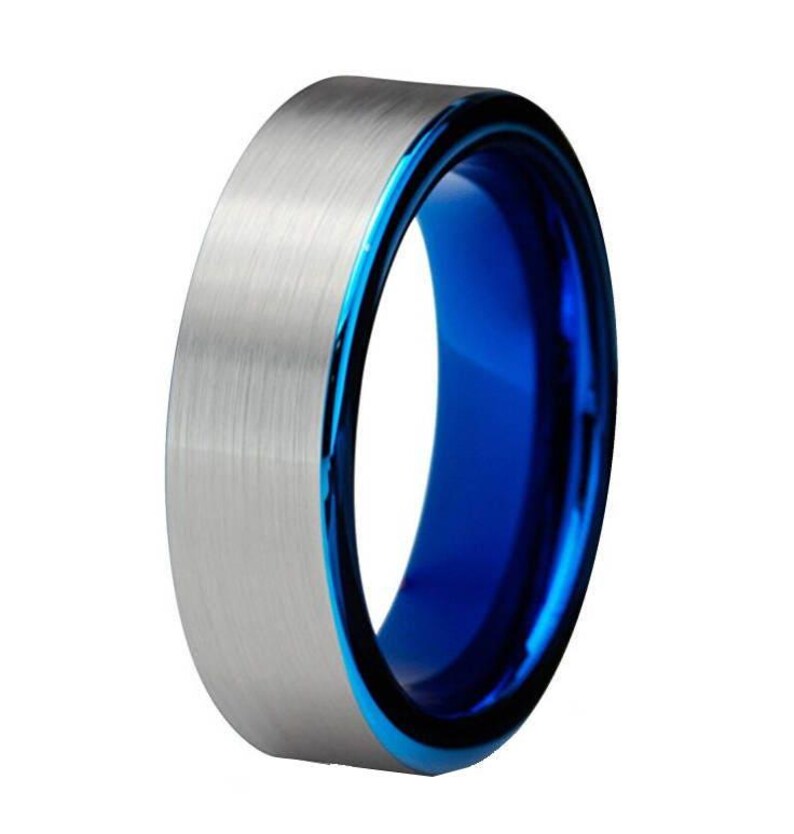 Blue Tungsten Wedding Ring Comfort Fit Pipe Cut Brushed Tungsten Carbide image 3
