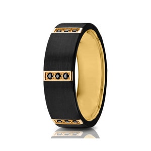 Black Diamond Wedding Ring Titanium Ring  Gold Titanium Band Black Titanium Multiple Black Diamonds  Titanium Wedding Band  8mm