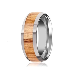 Tungsten Wood Ring, Mens Wedding Engagement Ring, Red Oak Wood Inlay, Polished Edges, 8mm, Tungsten Carbide Wedding Ring