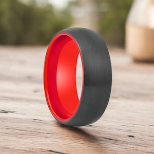 Black Tungsten Ring with Red Interior - Domed Wedding Band - Available in 4mm, 6mm, 8mm, 10mm - Comfort Fit Design