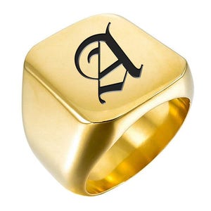 Signet Ring - Engraved Signet Ring - Custom Signet Ring - Gold Stainless Steel - Laser Engraved Initial - Pink Ring