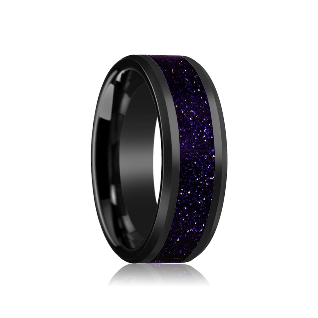 Black Ceramic Ring Purple Goldstone Inlay Ceramic Wedding Band Beveled ...