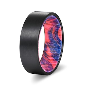 Flat Black Tungsten Wood Rings | Red Blue Box Elder Wood Wedding Band, Wood Engagement, Anniversary Ring, Black Brushed Tungsten Carbide