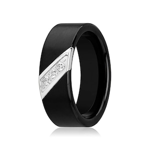 White Diamond Wedding Ring   Black Tungsten Ring   Diamond Tungsten    Flat Brushed    3 Diamonds   Tungsten Wedding Band   8mm