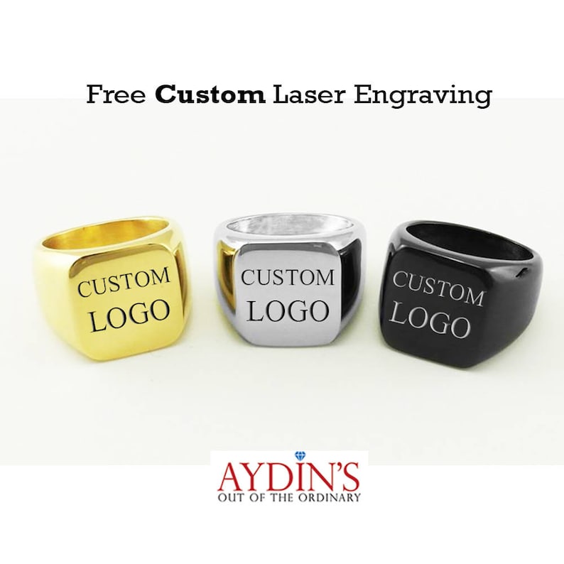 Custom Logo Laser Engraved Signet Ring Gold Silver Black image 3