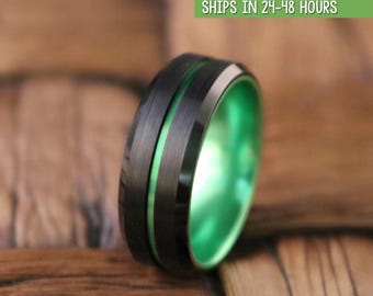 Green Tungsten Wedding Band, Black Tungsten Ring, Men & Women, Tungsten Carbide Ring, Anniversary Ring, Black Tungsten