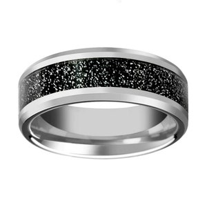 Shiny Beveled Edge with Black Sandstone Carbon Fiber Inlay 8mm Tungsten Carbide Wedding Ring image 2