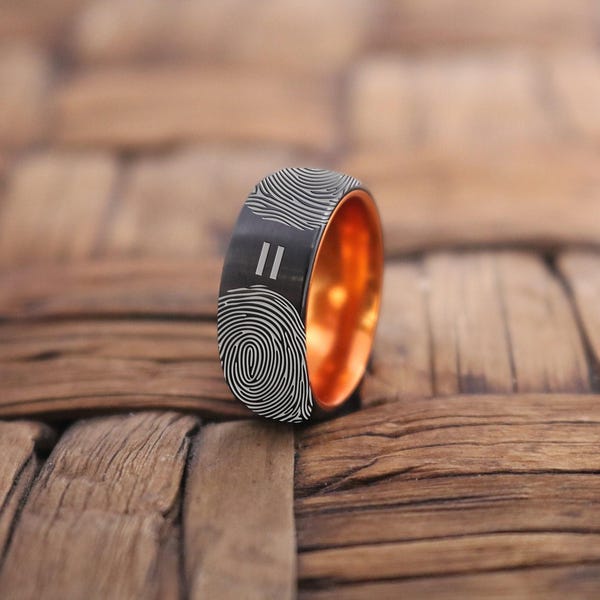 Tungsten Wedding Band for Men, 8mm Silver Mens Tungsten Ring Fingerprint, Personalized Engraved Ring, Comfort Fit