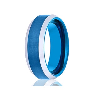 Tungsten Wedding Band, Mens Wedding Band, Blue Tungsten, Brushed, High Polish Beveled Edge Tungsten Wedding Ring