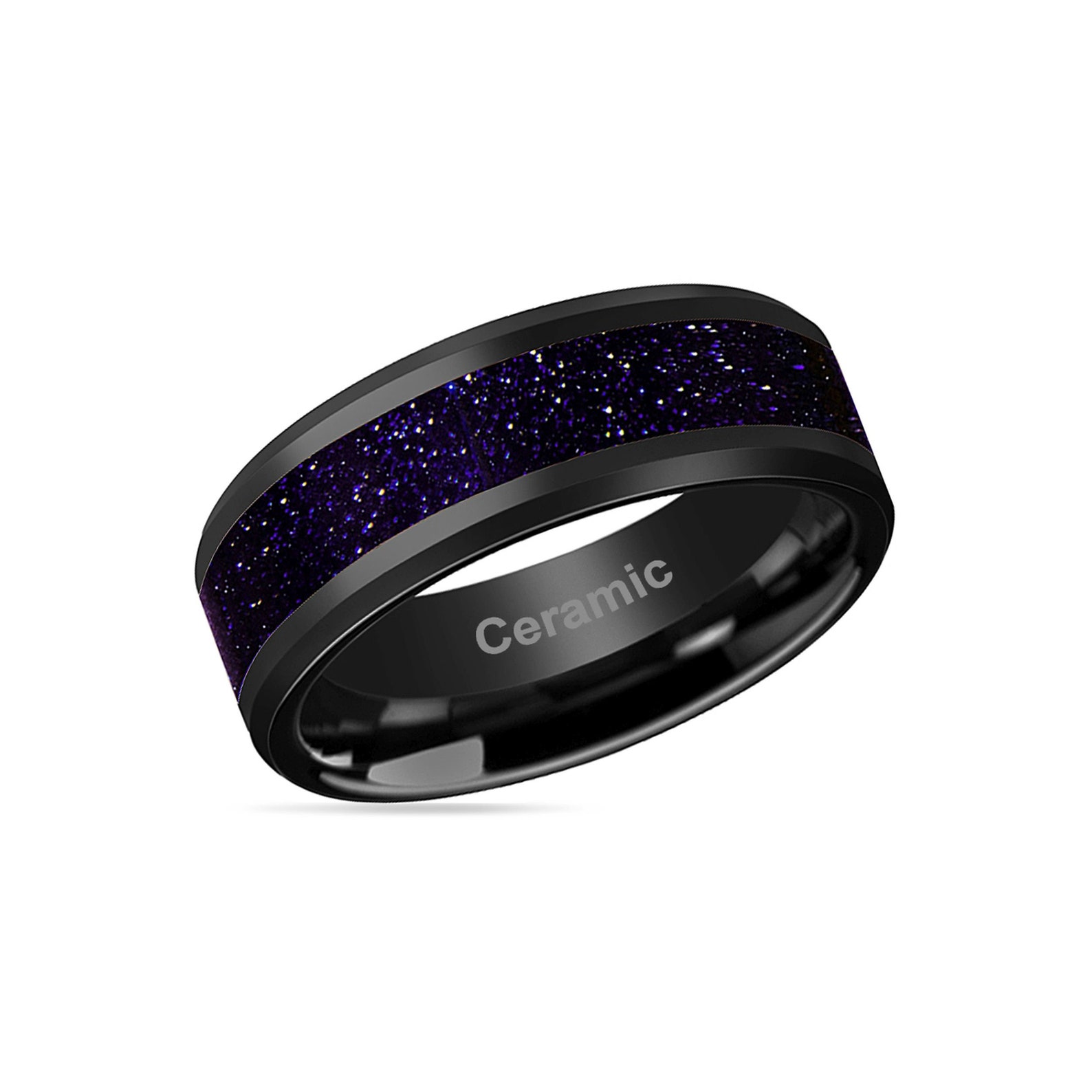 Black Ceramic Ring - Purple Goldstone Inlay - Ceramic Wedding Band Black Ceramic Ring - Purple Goldstone Inlay - Ceramic Wedding Band