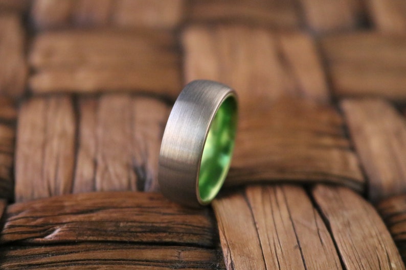 Tungsten Ring Green Wedding Band Silver Tungsten Brushed Acid Green Mans Tungsten Ring image 1