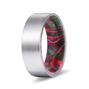 Tungsten Wood Rings | Red and Green Box Elder Wood Wedding Band, Wood Engagement, Anniversary Ring, Silver Brushed Flat Tungsten Carbide