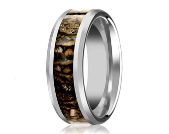 Dinosaur Bone Ring - Brown Dinosaur Bone Inlay - Tungsten Wedding Band - Beveled - Polished Finish - 4mm - 8mm - Tungsten Wedding Ring