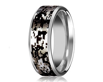 Camo trouwring zilver wolfraam digitale camouflage wolfraam trouwring afgeschuinde gepolijste afwerking 8mm wolfraam trouwring