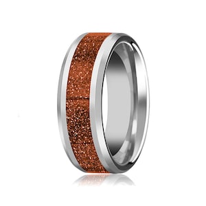 Tungsten Ring, Orange Gold Stone Inlay,Mens Wedding Band,Tungsten Wedding Band, Beveled Edge, Polished Fin ish, 8mm, Tungsten Wedding Ring