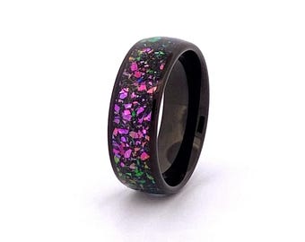 Men's Tungsten Carbide Wedding Band, Black Tungsten Carbide Ring, Opal Inlay Wedding Band, Available in 8mm, Personalized Engraved Ring