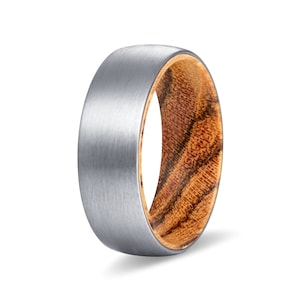 Tungsten Wood Rings | Bocote Wood Wedding Band, Wood Engagement, Anniversary Ring, Silver Brushed Domed Tungsten Carbide Comfort Fit Ring