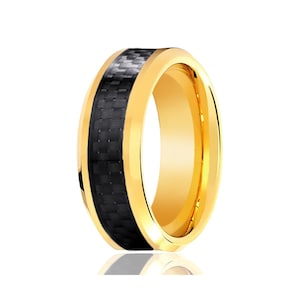 Gold Tungsten Ring, Black Carbon Fiber, Men and Womens Wedding Band, Beveled Edge, 8mm