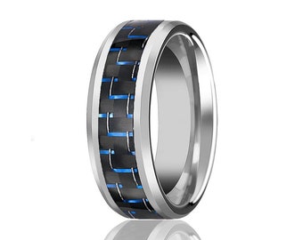 Carbon-Faser-Ehering Wolfram Ring Silber Blau Carbon-Faser-Inlay 8mm Wolframcarbid Ehering