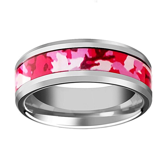 Men's 8mm Titanium Wedding Ring With Pink Branches Camo - Beveled Edge, Comfort Fit, Hypoallergenic - View #7