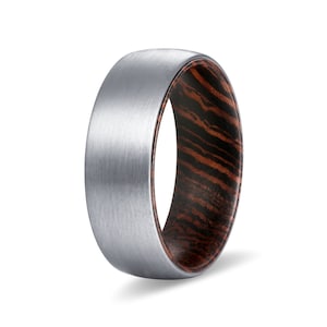 Tungsten Wood Rings | Wenge Wood Wedding Band, Wood Engagement, Anniversary Ring, Silver Brushed Domed Tungsten Carbide Comfort Fit Ring