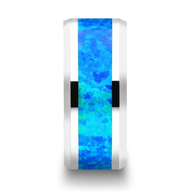 Tungsten Blue Green Opal Ring Inlaid Tungsten Carbide Polished Finished image 5