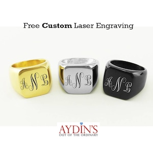 Fancy Monogram Laser Engraved Signet Ring Gold Silver Black