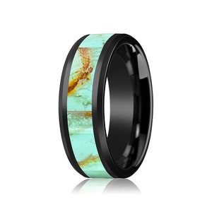 Schwarzer Keramikring - Hellblauer Türkisstein - Keramik Ehering - Abgeschrägte - Polierte Oberfläche - 8mm - Keramik Ehering