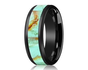 Black Ceramic Ring - Light Blue Turquoise Stone Inlay  - Ceramic Wedding Band - Beveled - Polished Finish - 8mm - Ceramic Wedding Ring