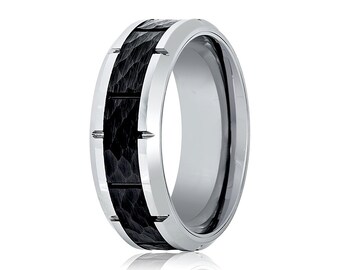 Tungsten Wedding Band, Black Tungsten Ring, Hammered, Grooved, Beveled Edges, Comfort Fit, Ring, Band, Anniversary Ring, Promise Ring, 8mm