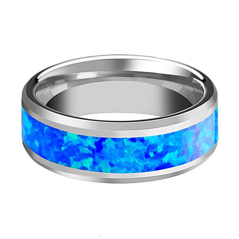 Tungsten Blue Green Opal Ring Inlaid Tungsten Carbide Polished Finished image 3