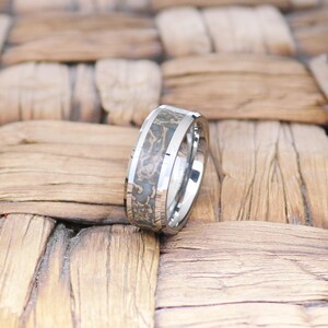 Blue Dinosaur Bone Ring Inlaid in Tungsten Wedding Band For Him, Anniversary Wedding Rings, Promise Band, Unique Engagement Rings For Men