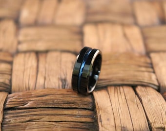 Tungsten Wedding Band for Men, 8mm Black Mens Tungsten Ring Beveled, Personalized Engraved Ring, Comfort Fit