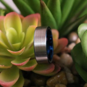 Blue Tungsten Wedding Ring Comfort Fit Pipe Cut Brushed Tungsten Carbide image 2