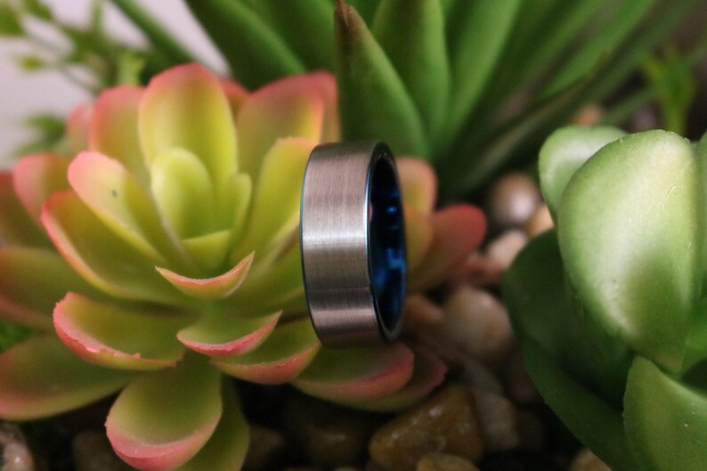 Blue Tungsten Wedding Ring Comfort Fit Pipe Cut Brushed Tungsten Carbide image 2