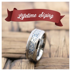 Men&#39;s Wedding Band Silver, Tungsten Ring Blue Celtic Dragon Inlay, Tungsten Carbide, Promise Ring, Anniversary Ring, Engagement Ring, Unique