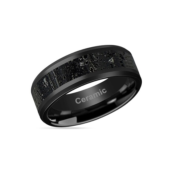 Black Gray Lava Rock Stone Inlay Ceramic Wedding Band Black
