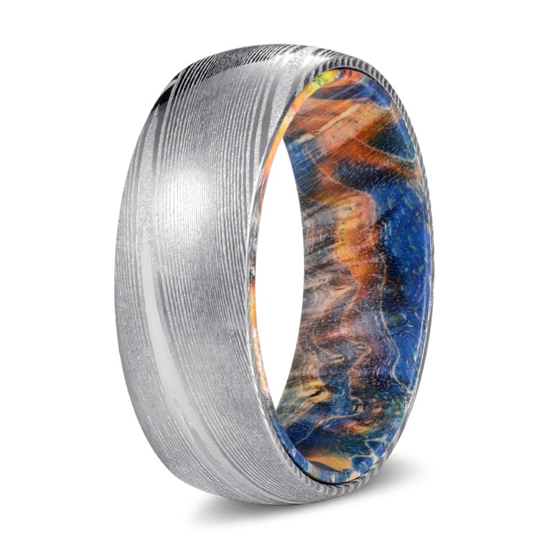 Damascus Steel Wood Rings | Yellow and Blue Box Elder Wood Wedding Band, Wood Engagement, Anniversary Ring, Silver Domed Brushed Comfort Fit 